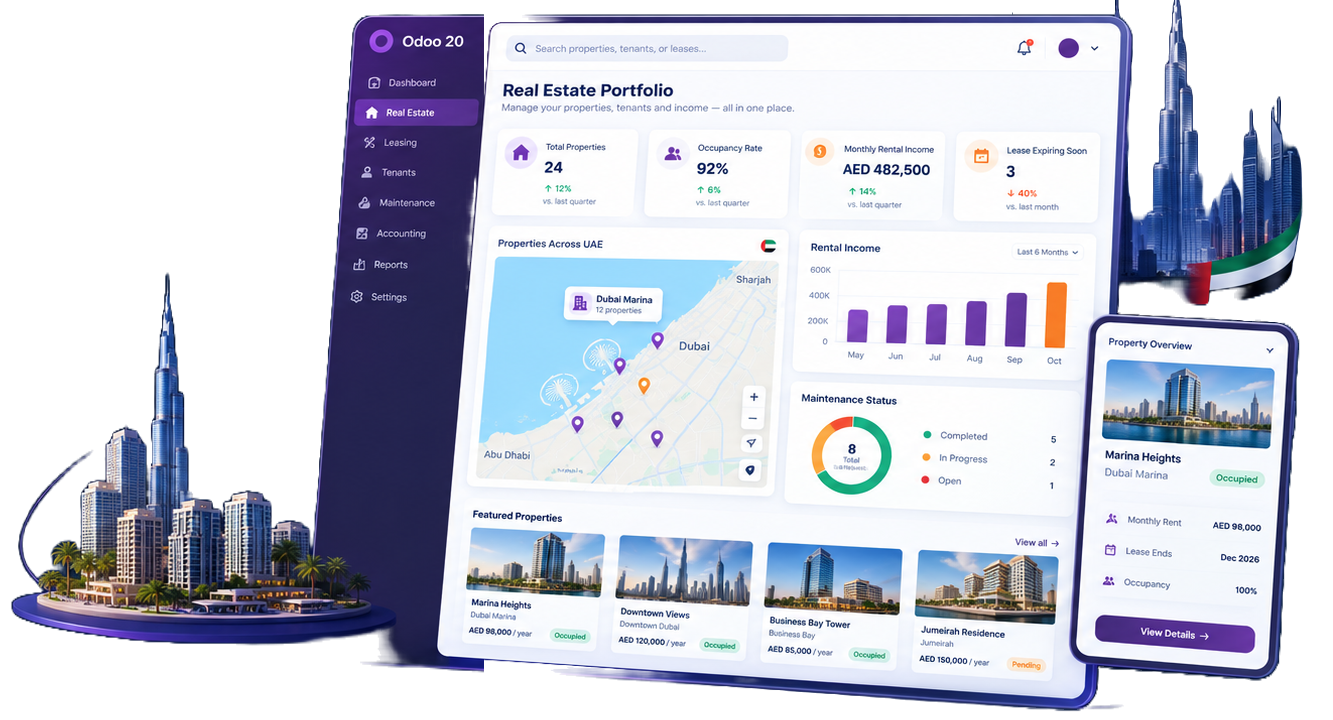 Odoo 20 real estate portfolio dashboard for UAE properties
